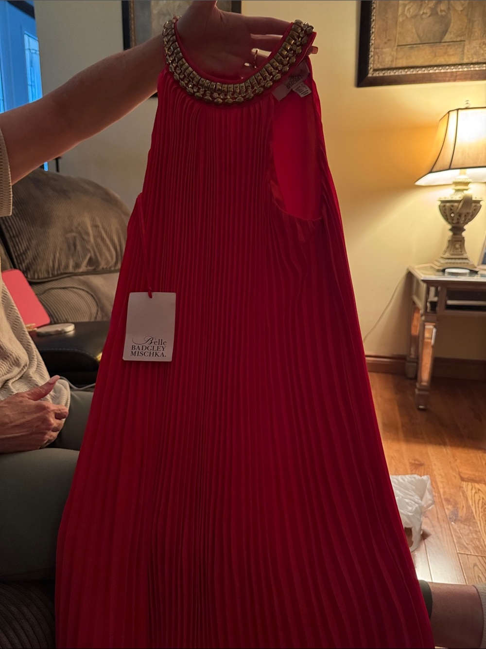 Badgley Mischka Red Pleated Midi Dress with Beaded Neckline